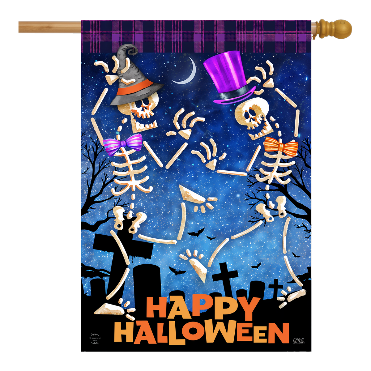 Briarwood Lane Dancing Skeletons Halloween Flag House Flag -- house flag shown on a house flag pole
