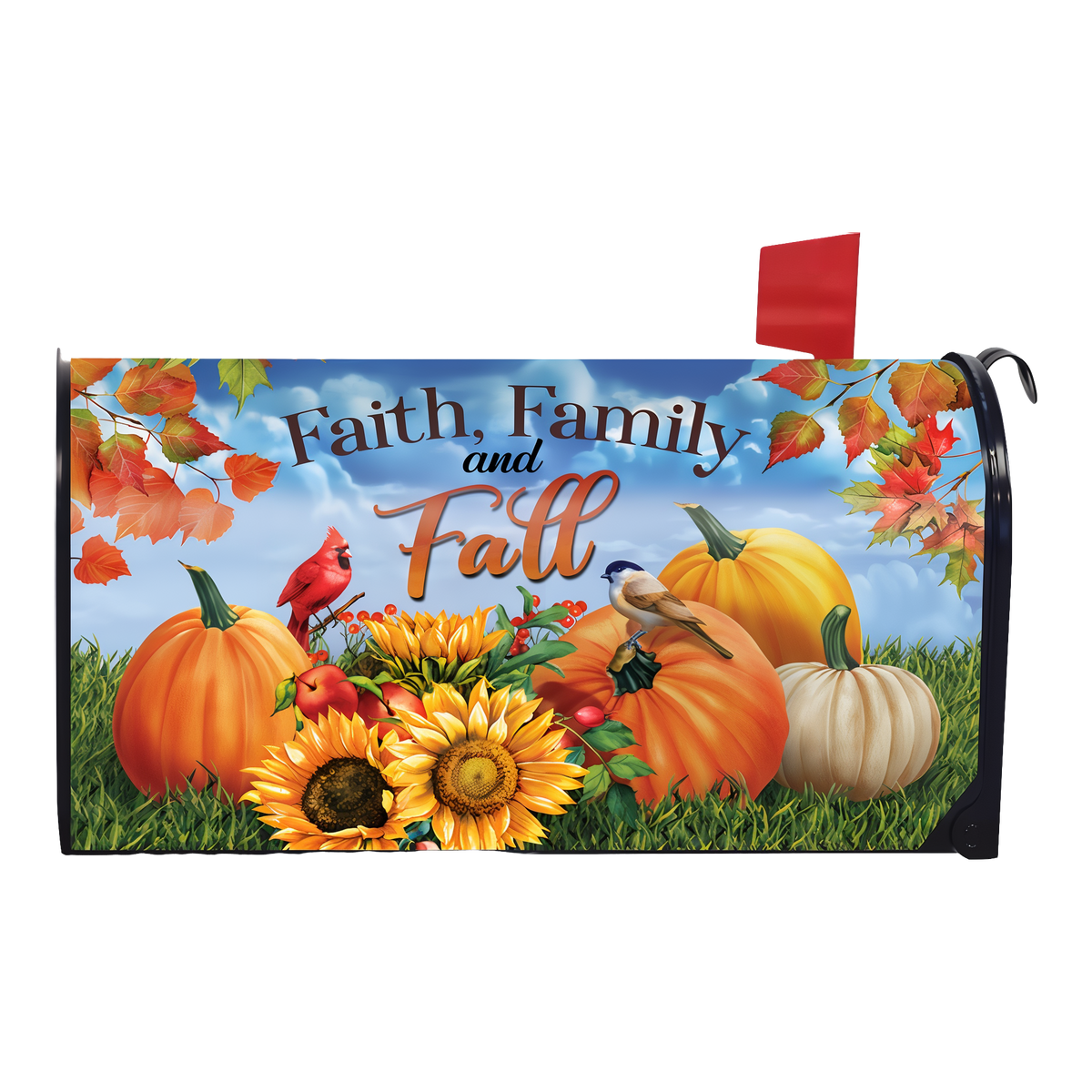 Briarwood Lane Faith Family And Fall Mailbox Cover -- magnetic mailbox cover shown on a standard steel mailbox
