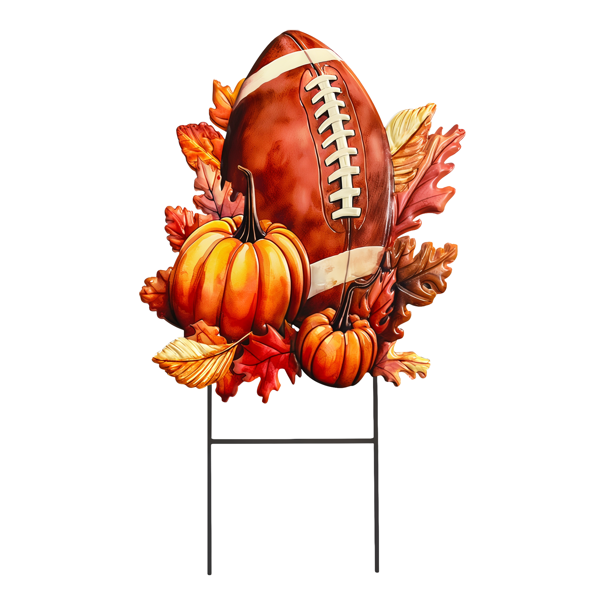 Briarwood Lane Fall and Football sculpted metal yard art -- sculpted metal football nestled in autumn leaves with orange pumpkins