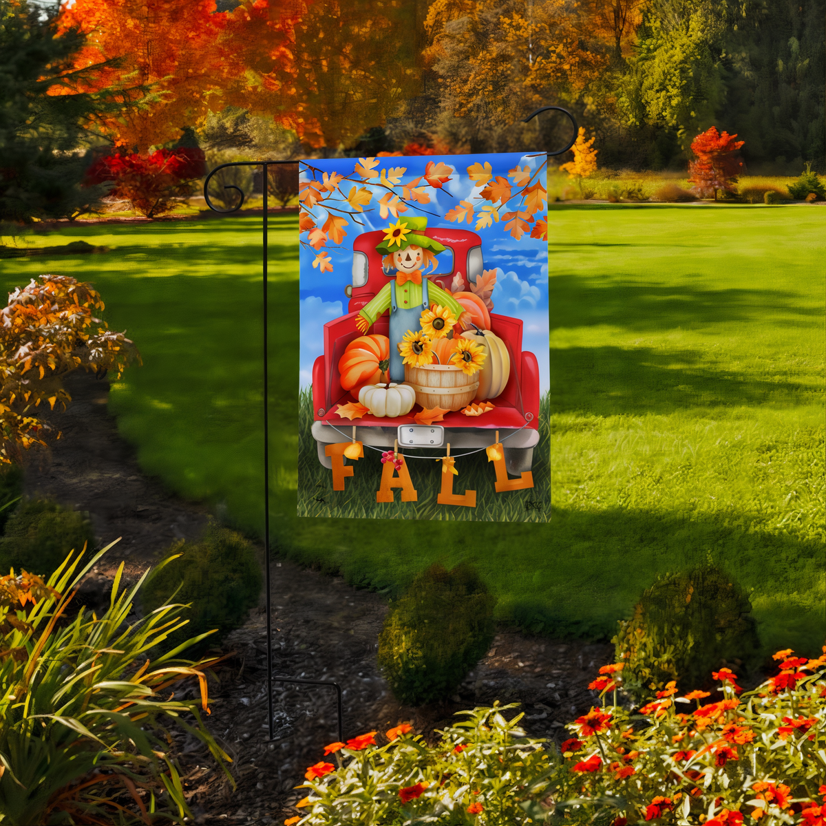 Briarwood Lane Fall Bounty Pickup Garden Flag -- garden flag displayed outdoors