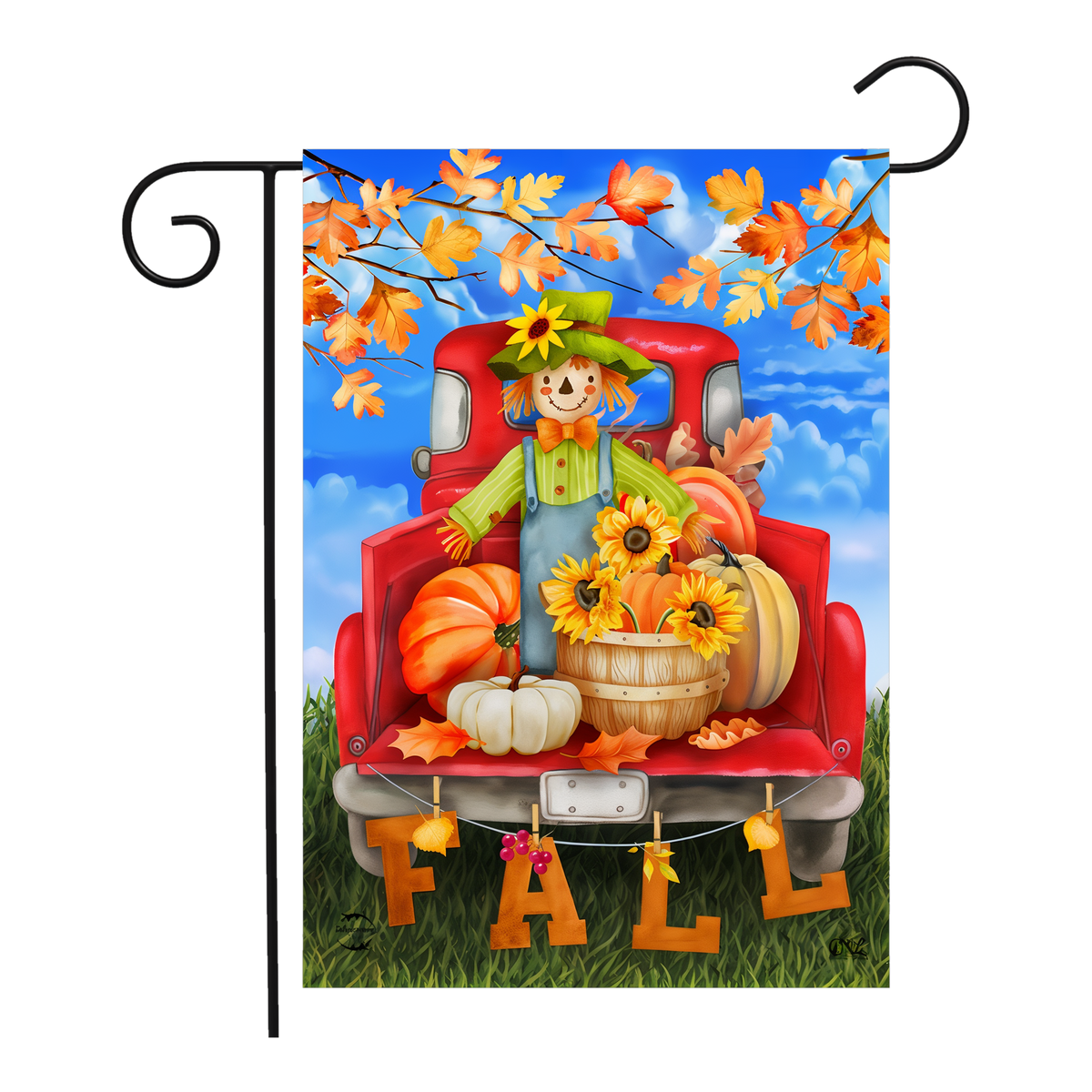 Briarwood Lane Fall Bounty Pickup Garden Flag -- garden flag shown on a garden flag stand