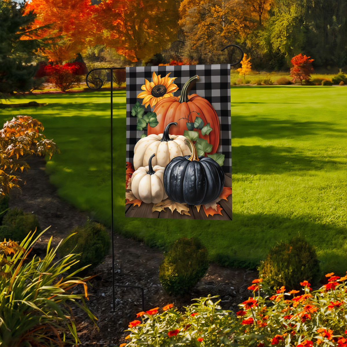 Briarwood Lane Fall Checkered Pumpkins Garden Flag -- garden flag displayed outdoors