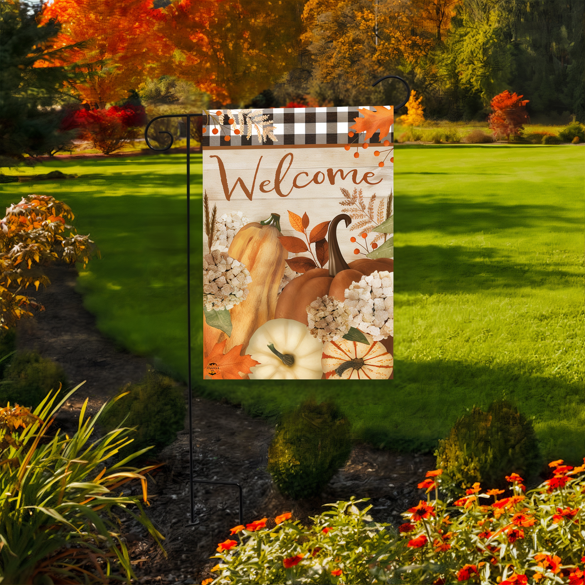 Briarwood Lane Fall Farmhouse Welcome Garden Flag -- garden flag displayed outdoors