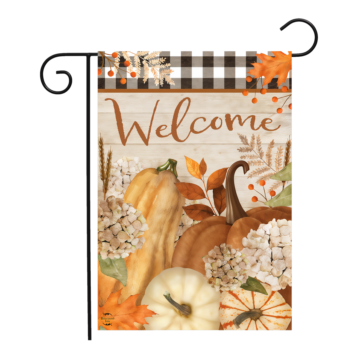 Briarwood Lane Fall Farmhouse Welcome Garden Flag -- garden flag shown on a garden flag stand