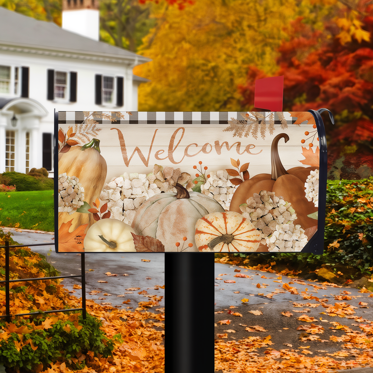 Briarwood Lane Fall Farmhouse Welcome Mailbox Cover -- mailbox cover displayed outdoors
