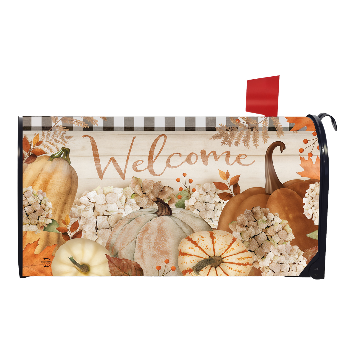 Briarwood Lane Fall Farmhouse Welcome Mailbox Cover -- magnetic mailbox cover shown on a standard steel mailbox