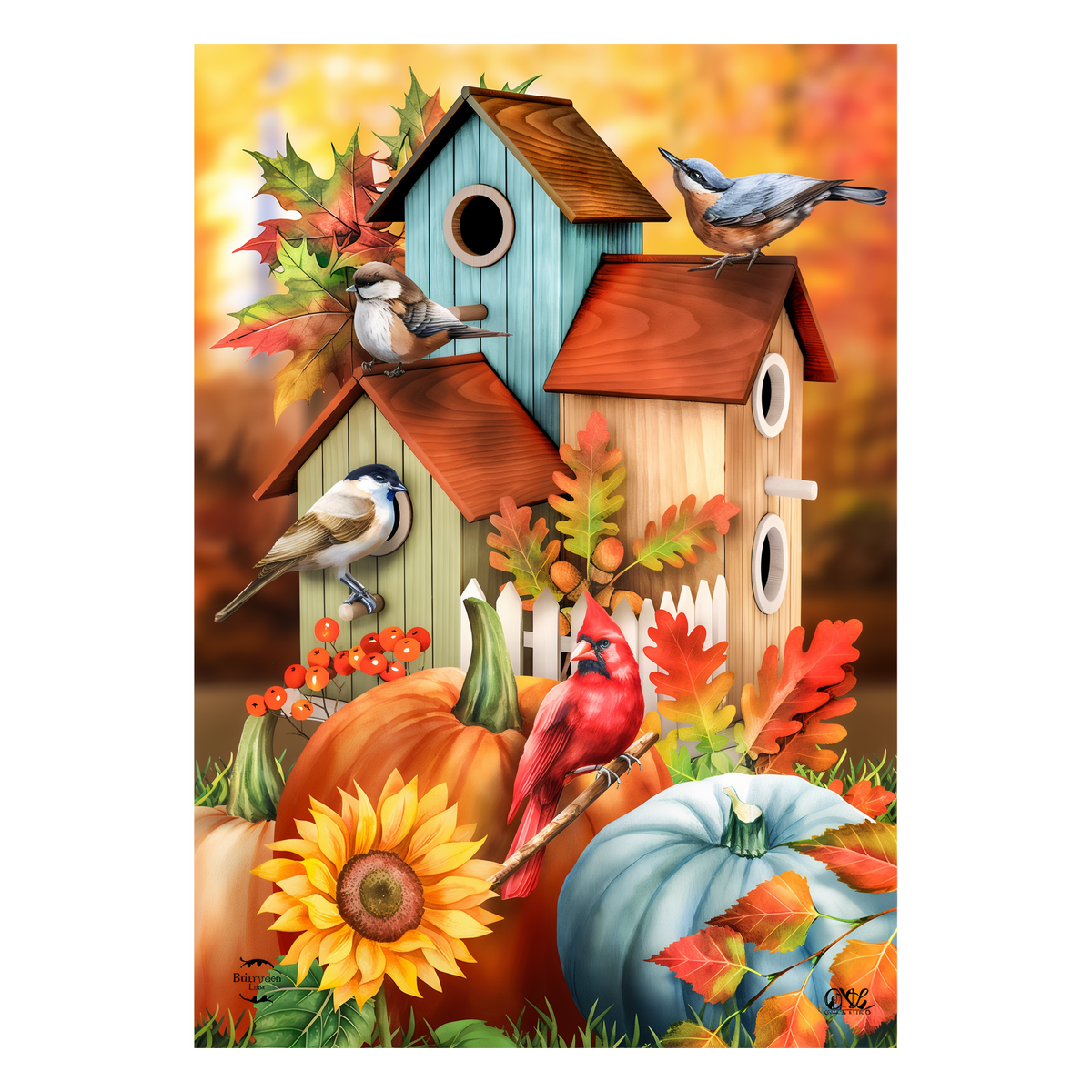 Briarwood Lane Fall Floral Birdhouses Garden Flag -- artwork detail view