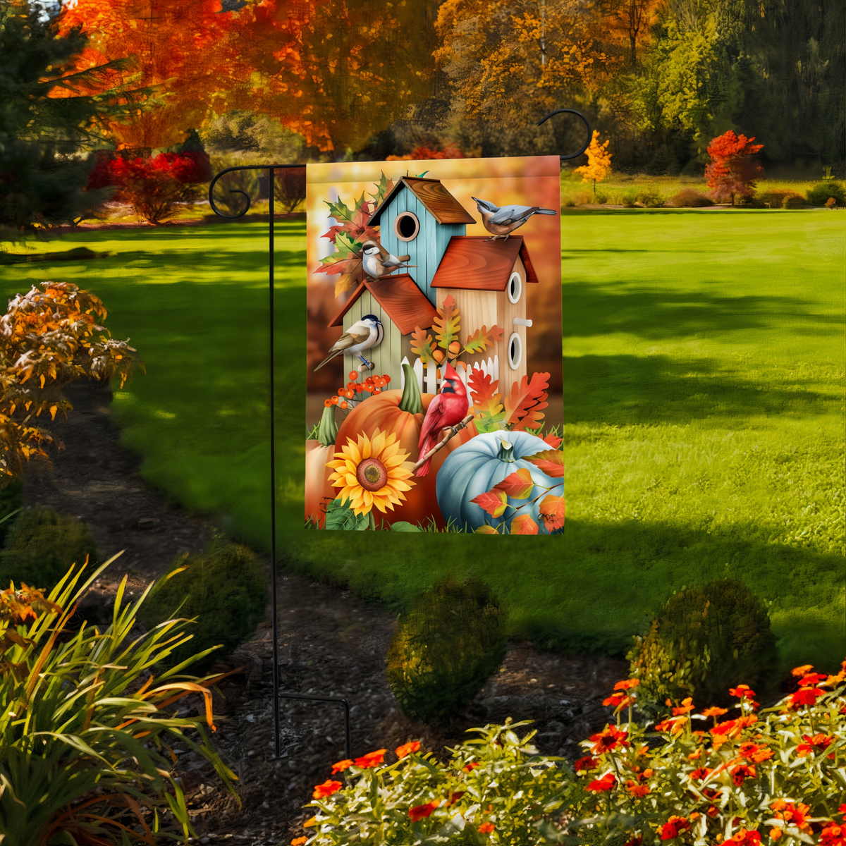 Briarwood Lane Fall Floral Birdhouses Garden Flag -- garden flag displayed outdoors