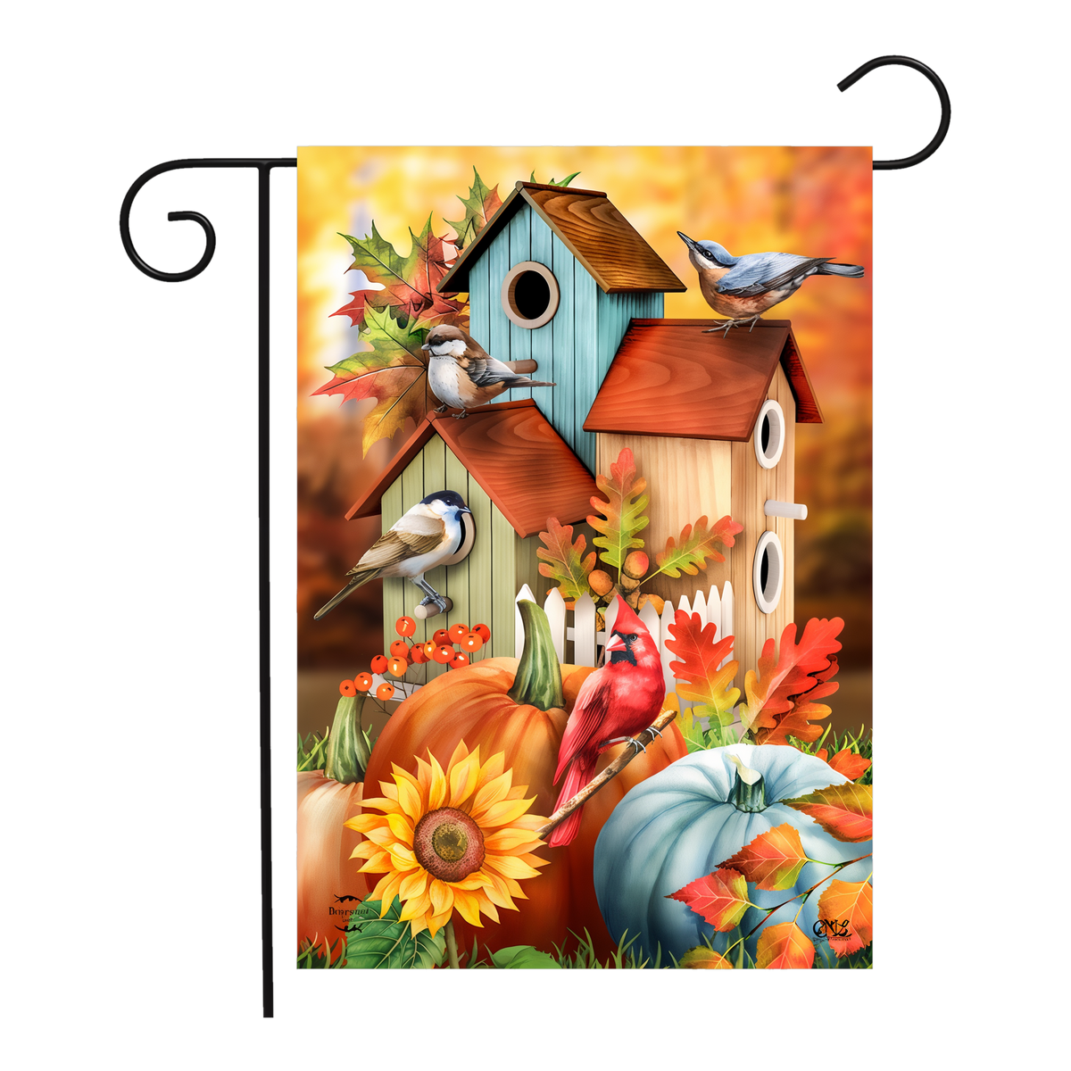 Briarwood Lane Fall Floral Birdhouses Garden Flag -- garden flag shown on a garden flag stand