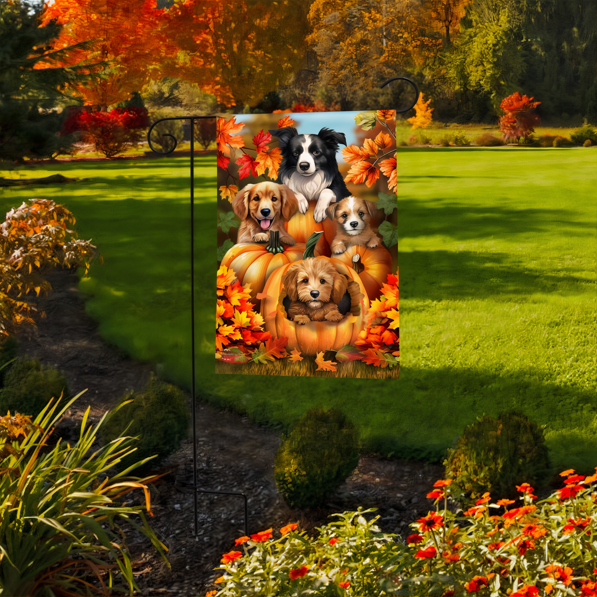 Briarwood Lane Fall Pumpkin Puppies Garden Flag -- garden flag displayed outdoors