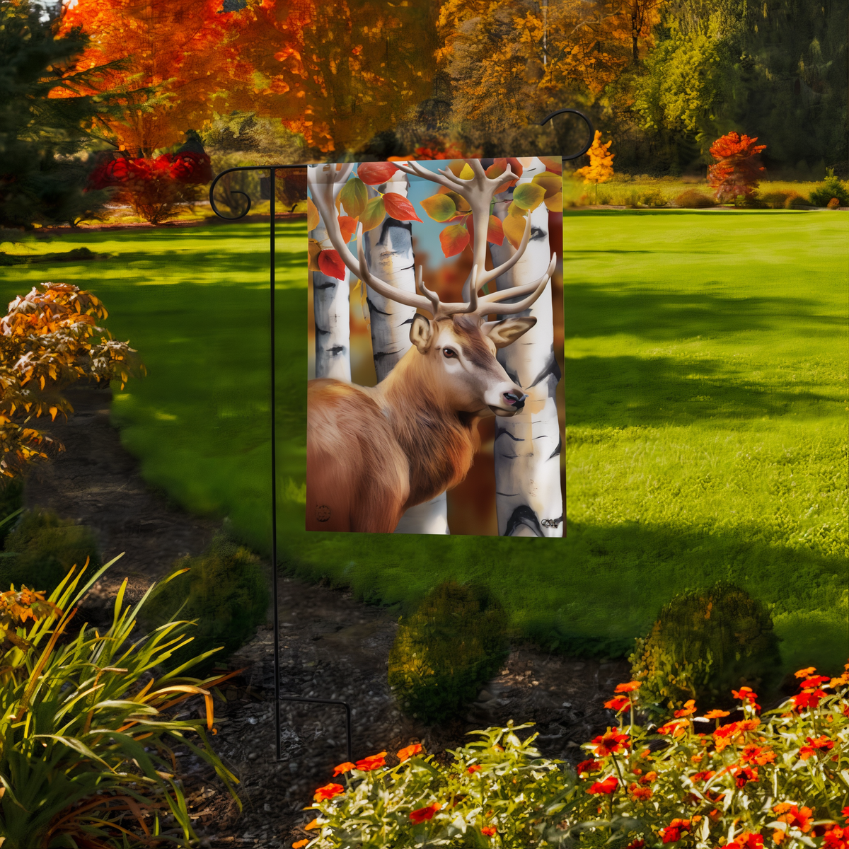 Briarwood Lane Forest Deer Fall Garden Flag -- garden flag displayed outdoors