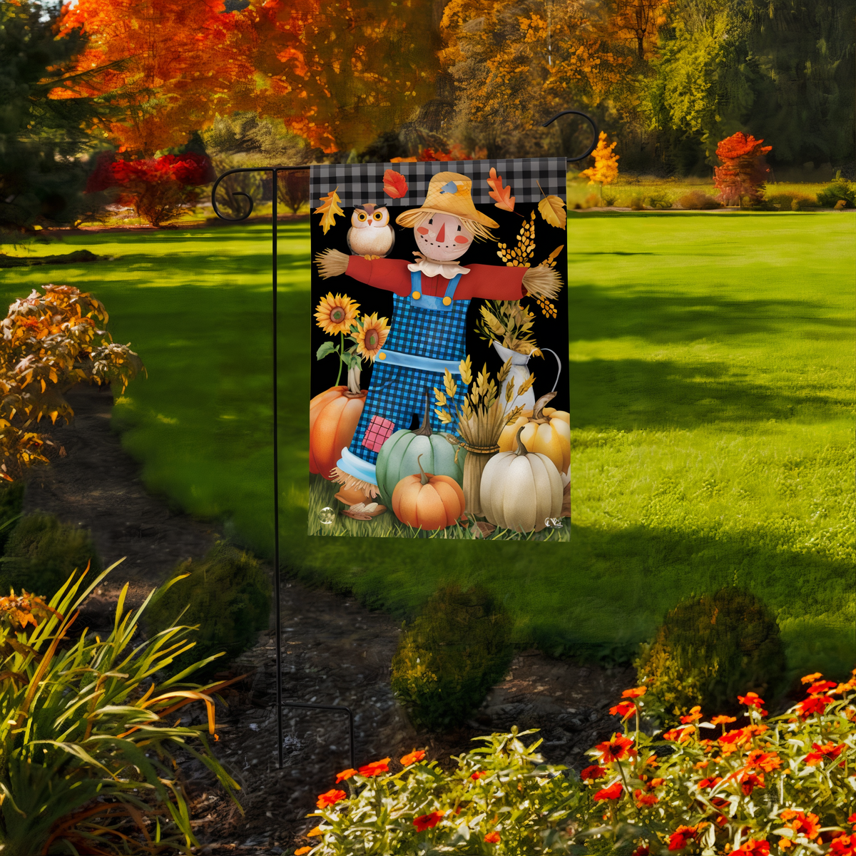 Briarwood Lane Friendly Scarecrow Autumn Garden Flag -- garden flag displayed outdoors