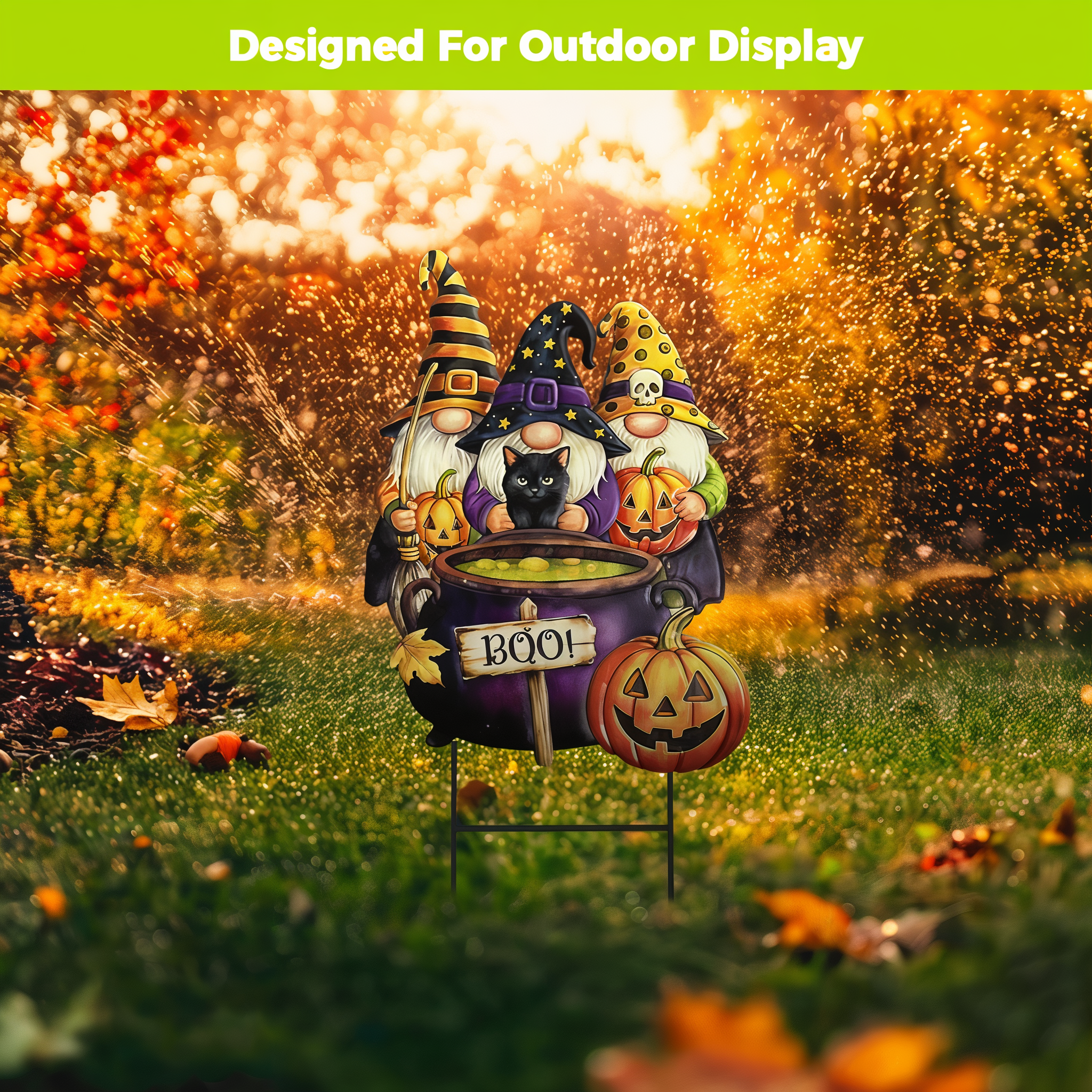 Briarwood Lane Gnome Witch Trio metal yard art staked in a lawn at golden hour, designed for outdoor display