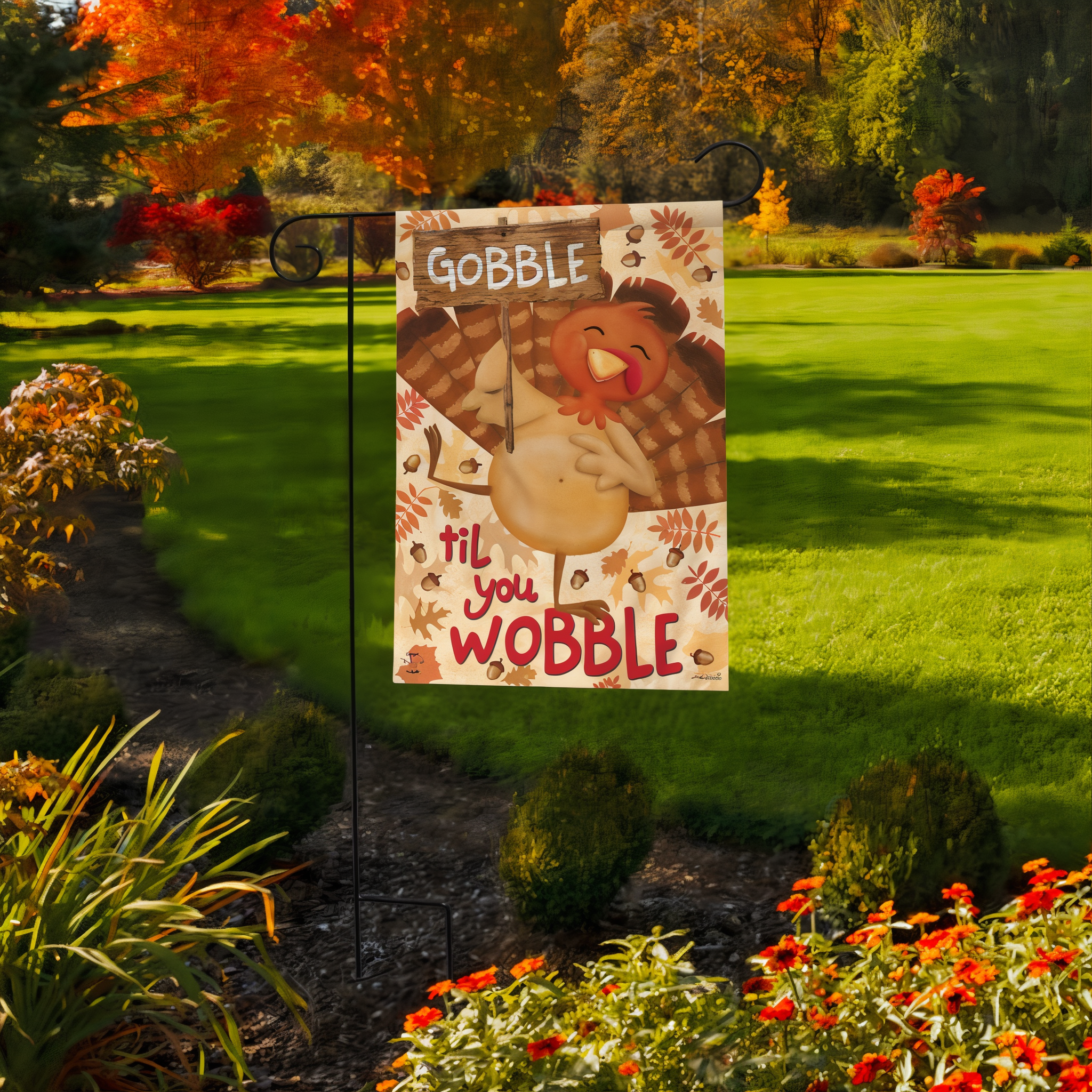 Briarwood Lane Gobble Turkey Thanksgiving Garden Flag -- detail view