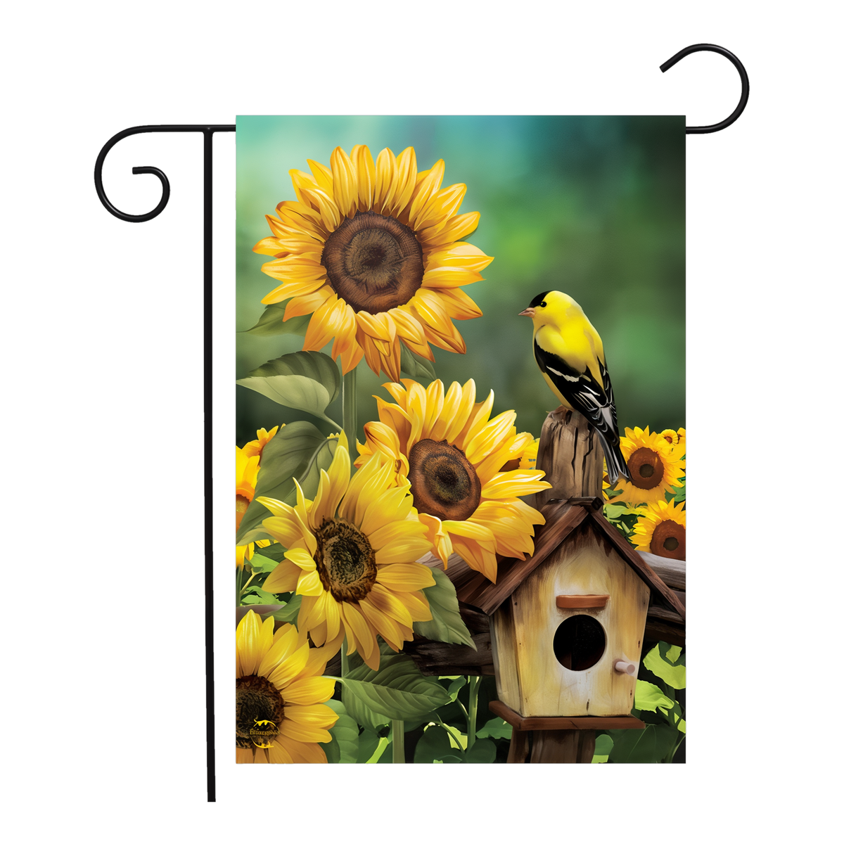 Briarwood Lane Goldfinch and Sunflowers Summer Garden Flag -- garden flag shown on a garden flag stand