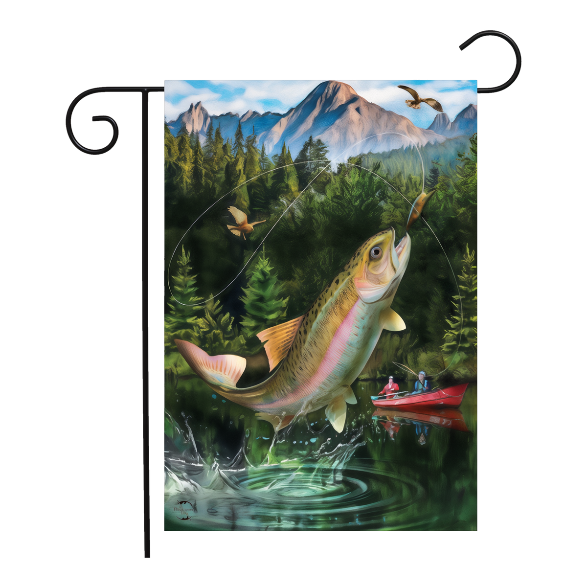 Briarwood Lane Gone Fishing Garden Flag -- garden flag shown on a garden flag stand