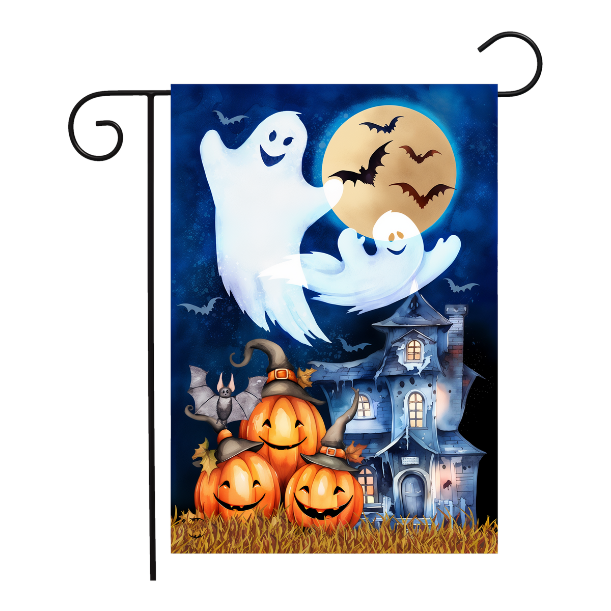 Briarwood Lane Halloween Haunting Garden Flag -- garden flag shown on a garden flag stand