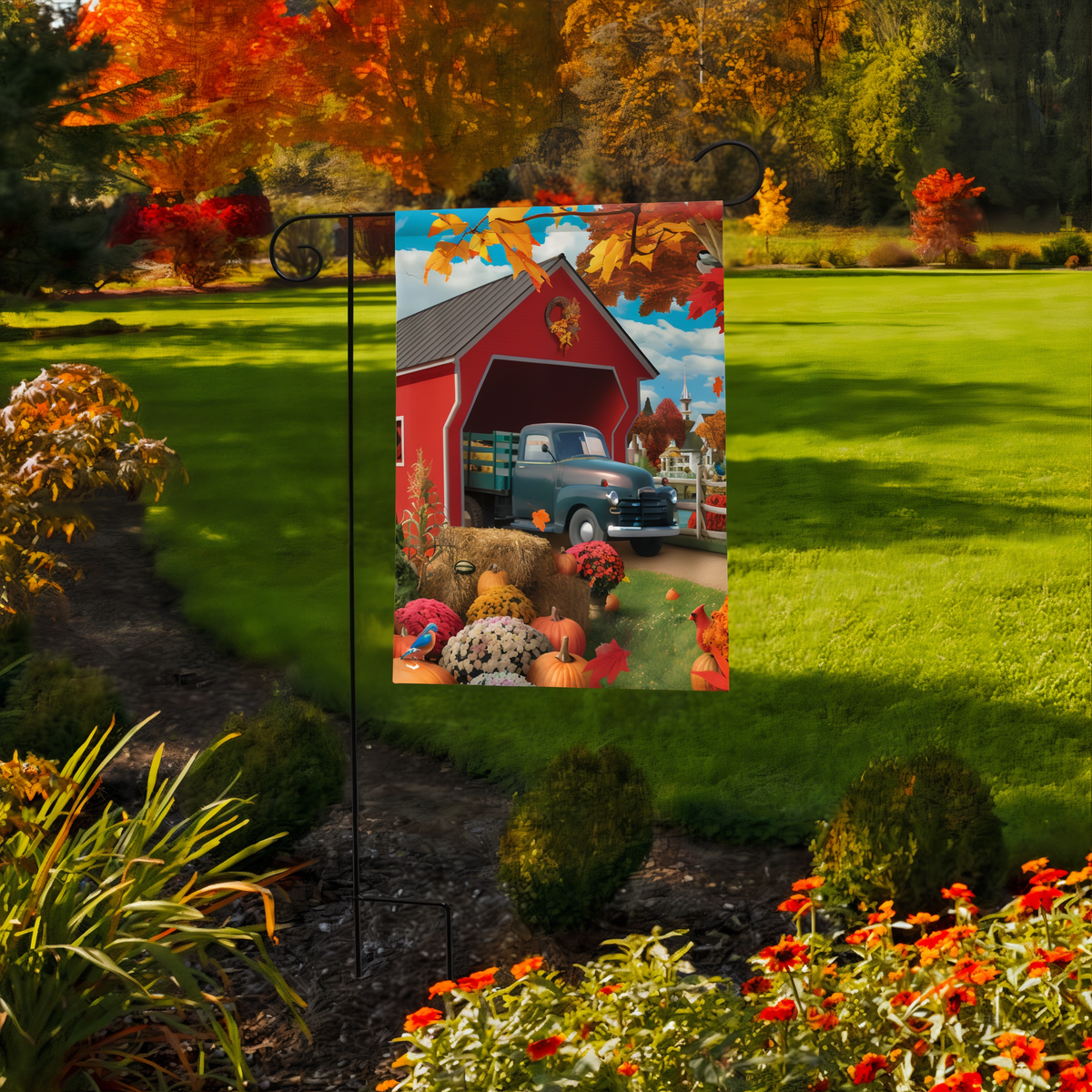 Briarwood Lane Harvest Bridge Autumn Garden Flag -- garden flag displayed outdoors