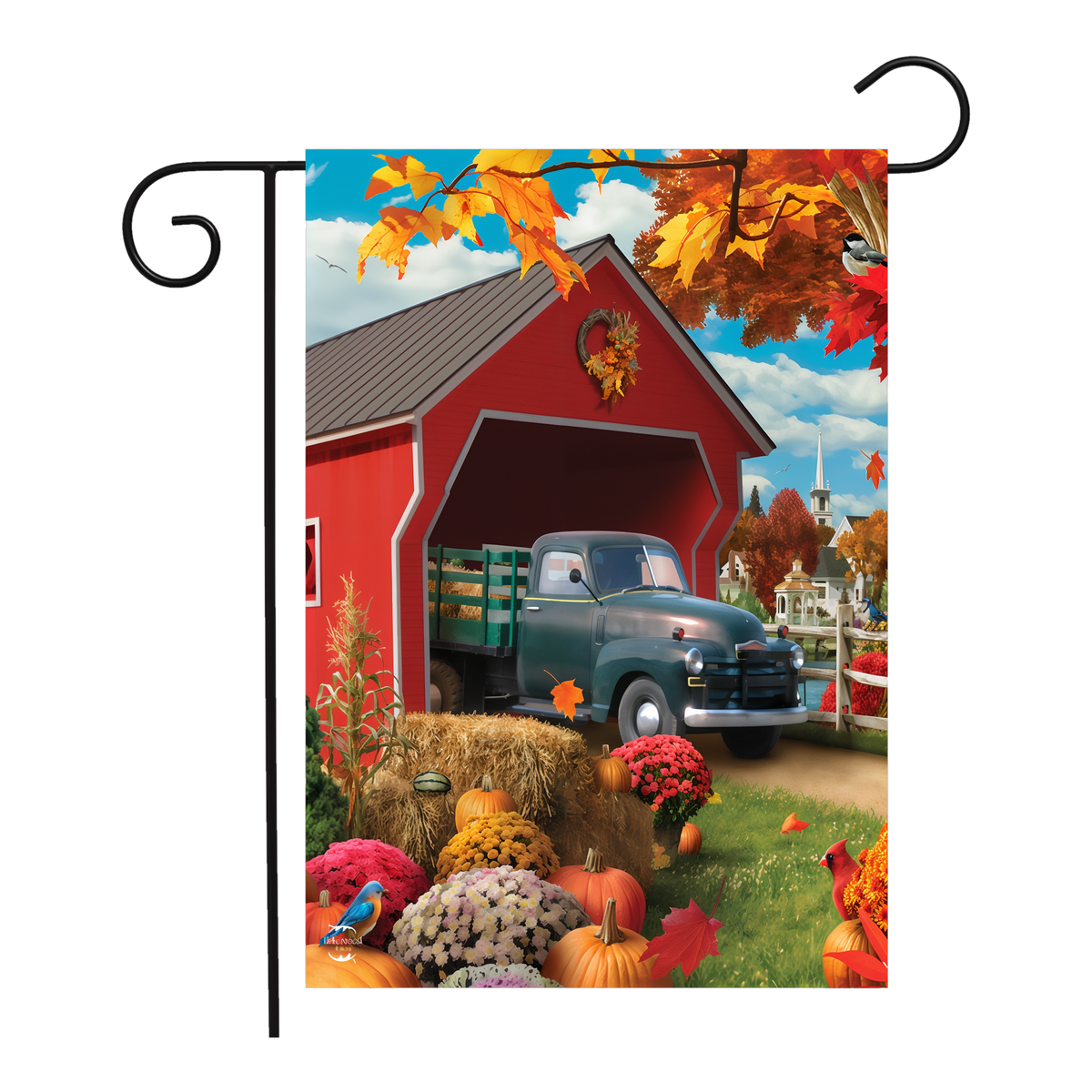 Briarwood Lane Harvest Bridge Autumn Garden Flag -- garden flag shown on a garden flag stand