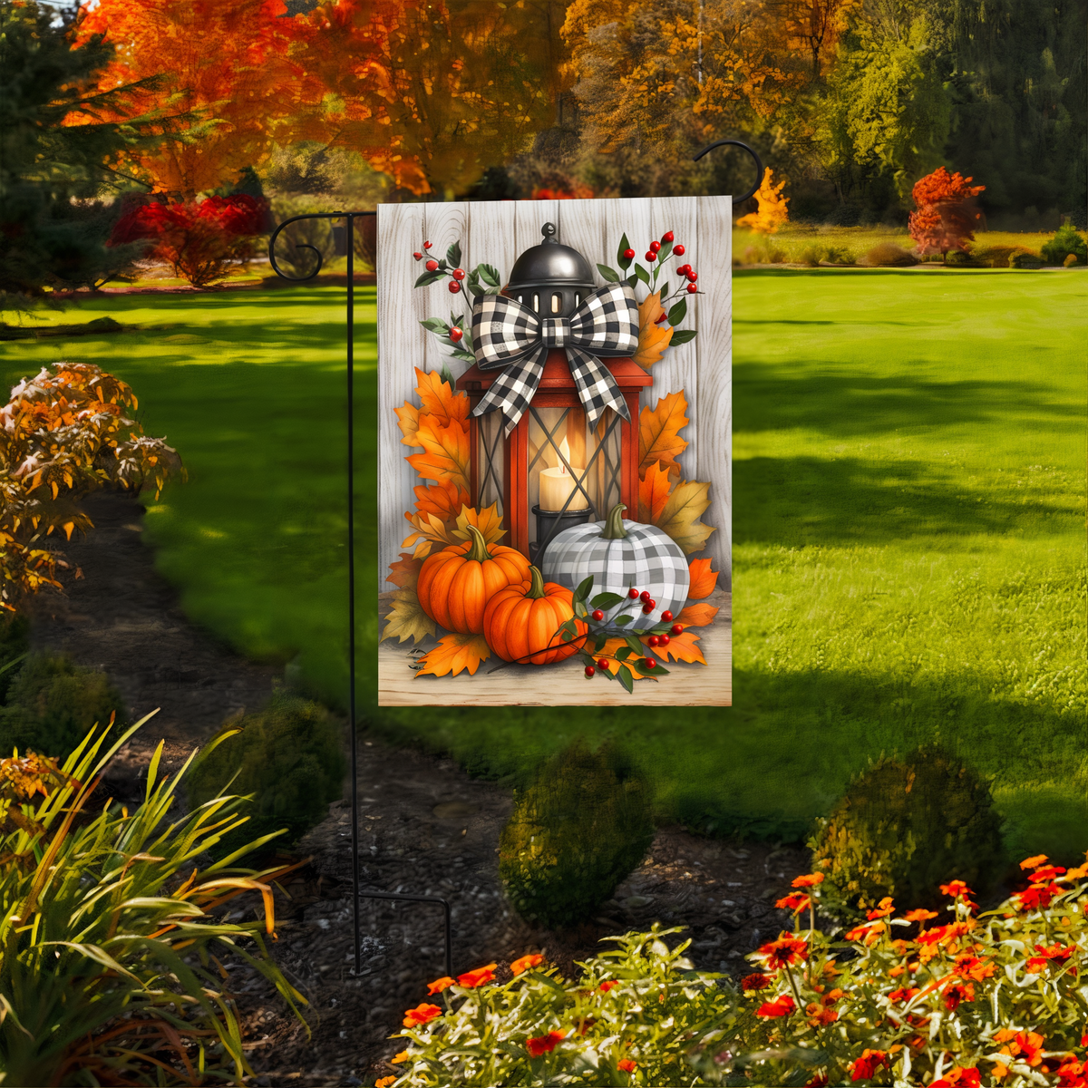 Briarwood Lane Harvest Lantern Glow Garden Flag -- garden flag displayed outdoors