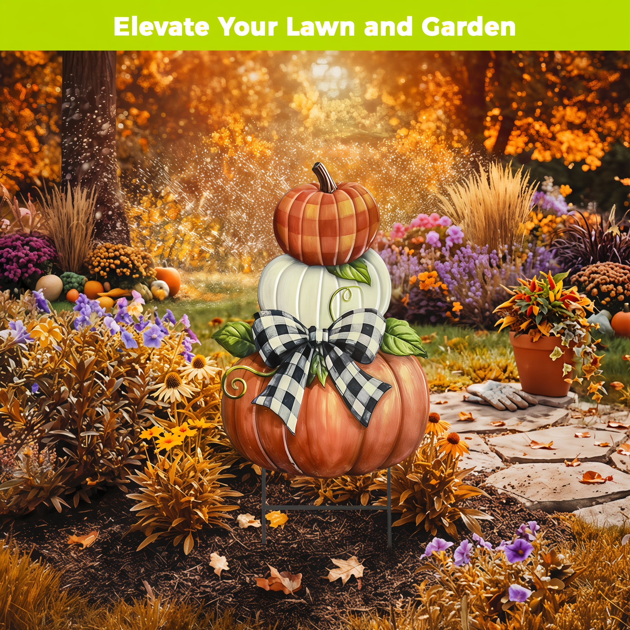 Briarwood Lane Harvest Pumpkin Stack metal yard art displayed in an autumn garden