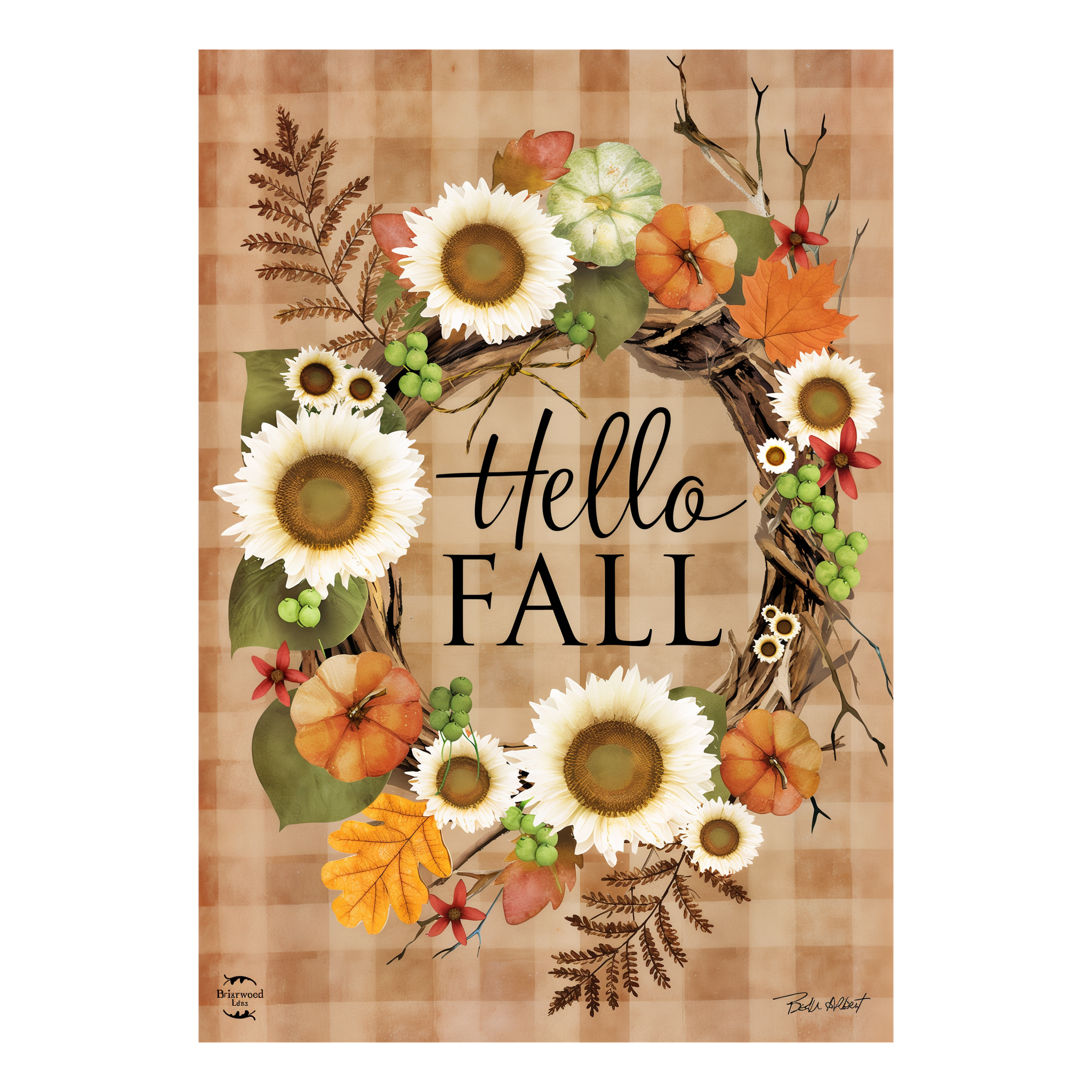 Briarwood Lane Hello Fall Wreath House Flag -- detail view
