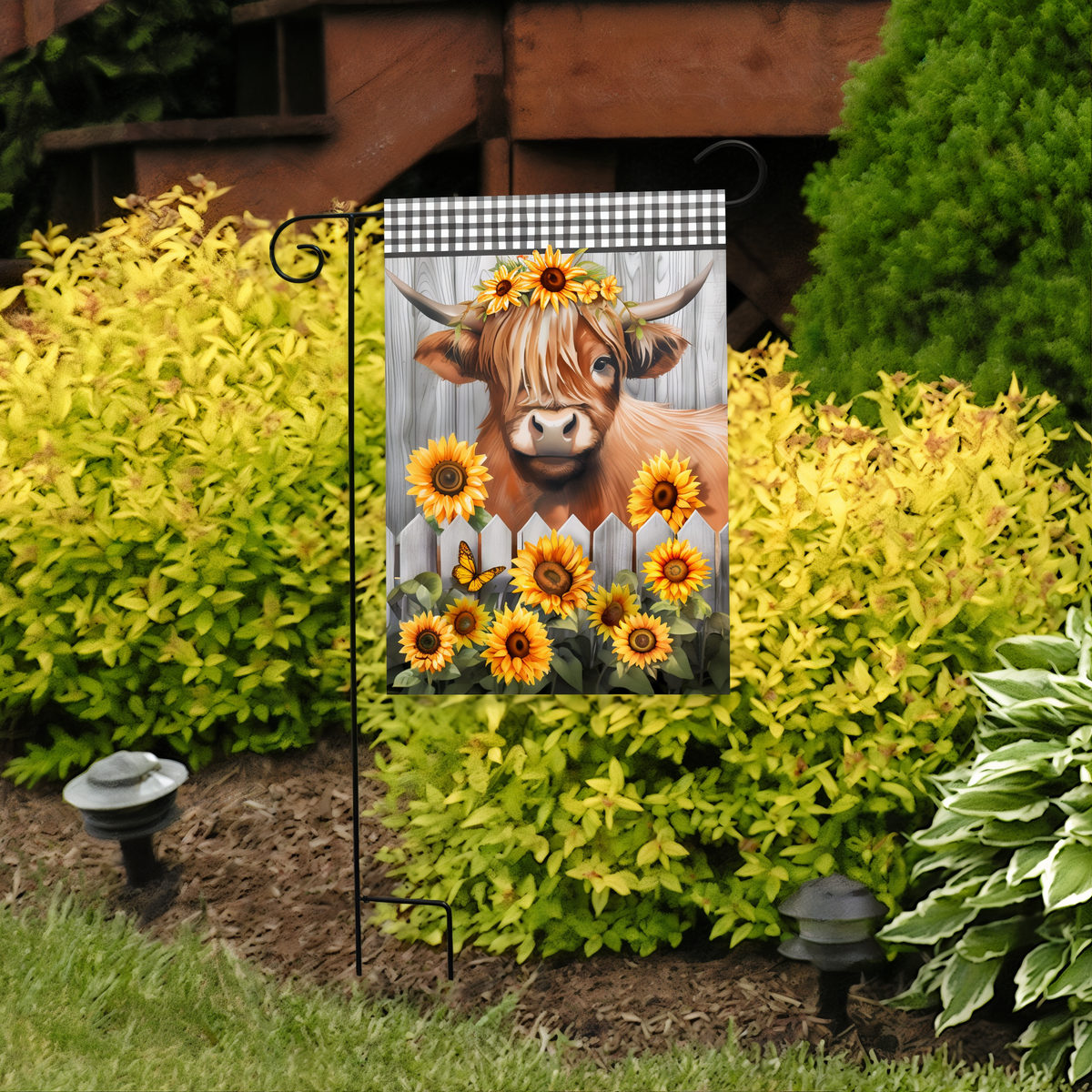 Briarwood Lane Highland Cow Garden Flag -- garden flag displayed outdoors