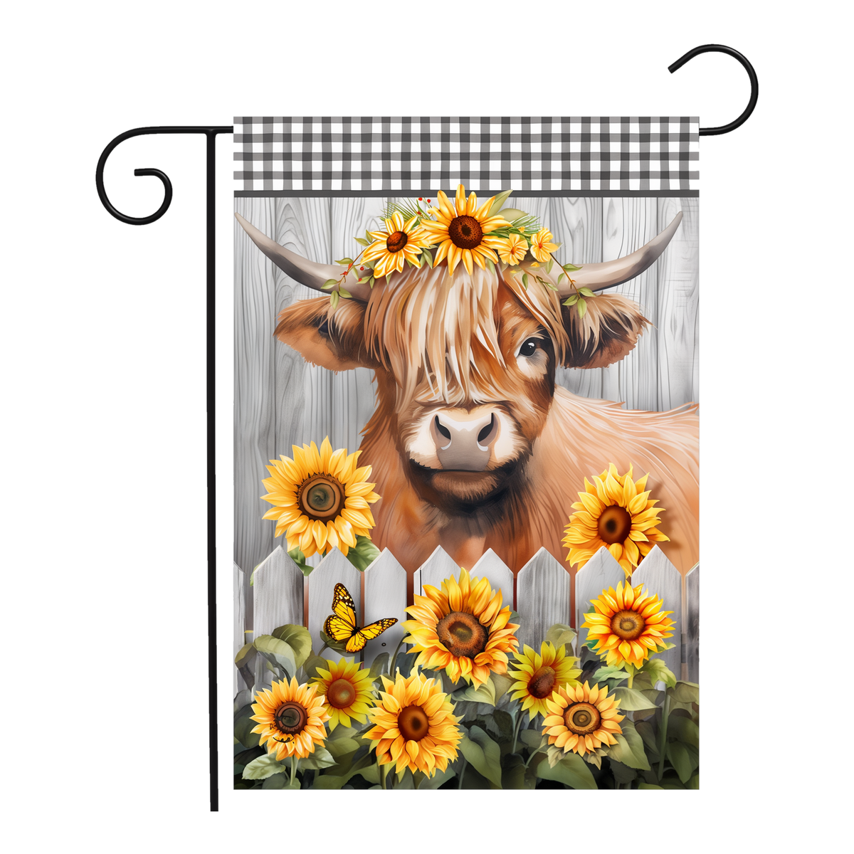 Briarwood Lane Highland Cow Garden Flag -- garden flag shown on a garden flag stand