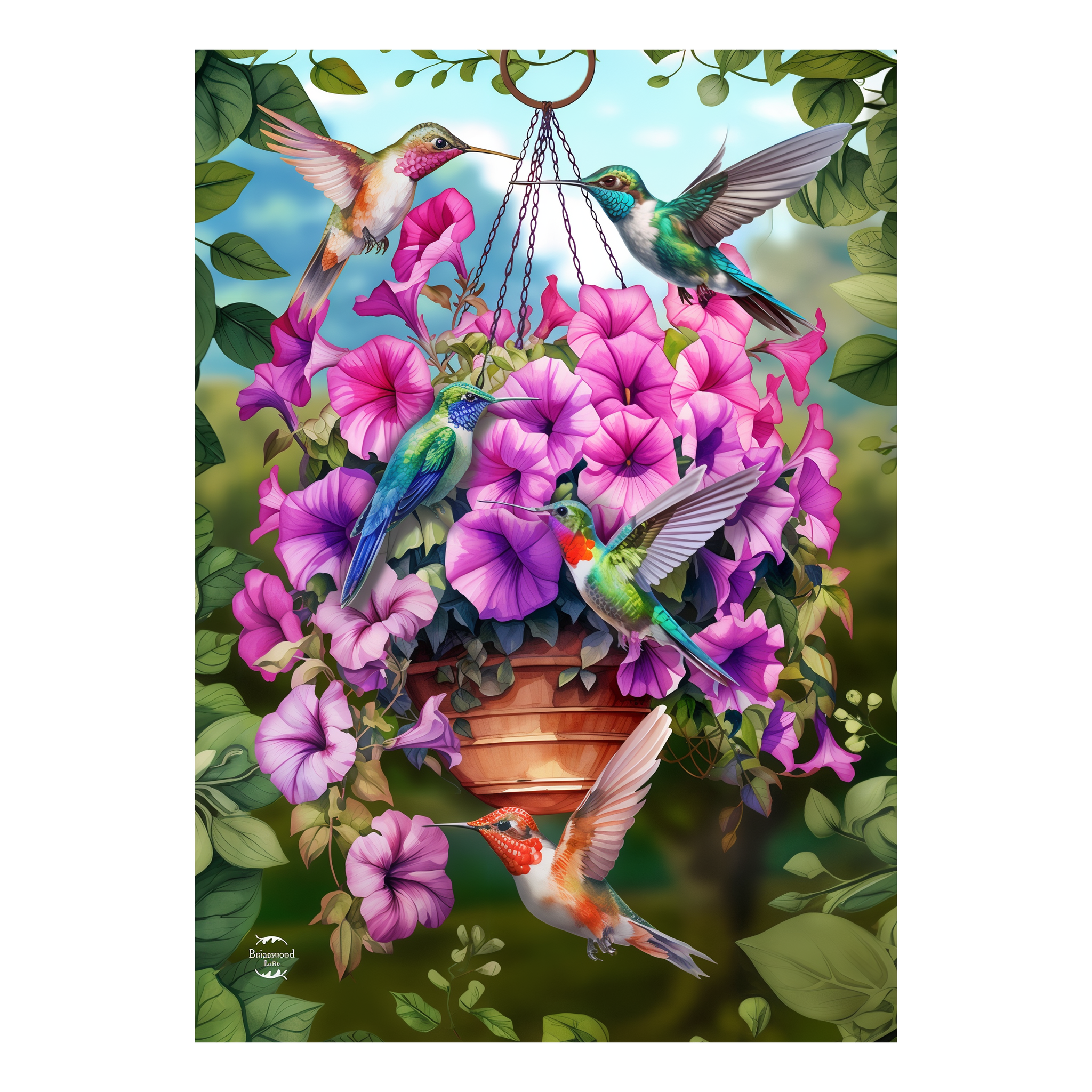 Briarwood Lane Hummingbirds and Petunias Garden Flag -- detail view
