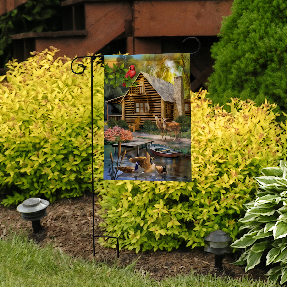 Briarwood Lane Lakeside Cabin Garden Flag -- garden flag displayed outdoors