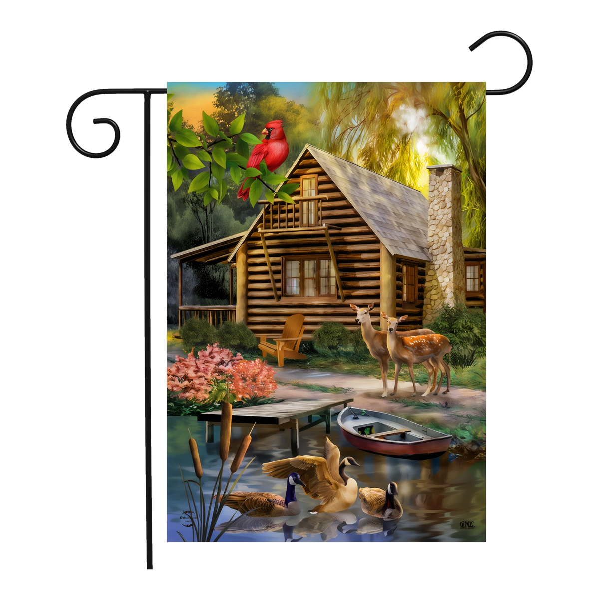 Briarwood Lane Lakeside Cabin Garden Flag -- garden flag shown on a garden flag stand