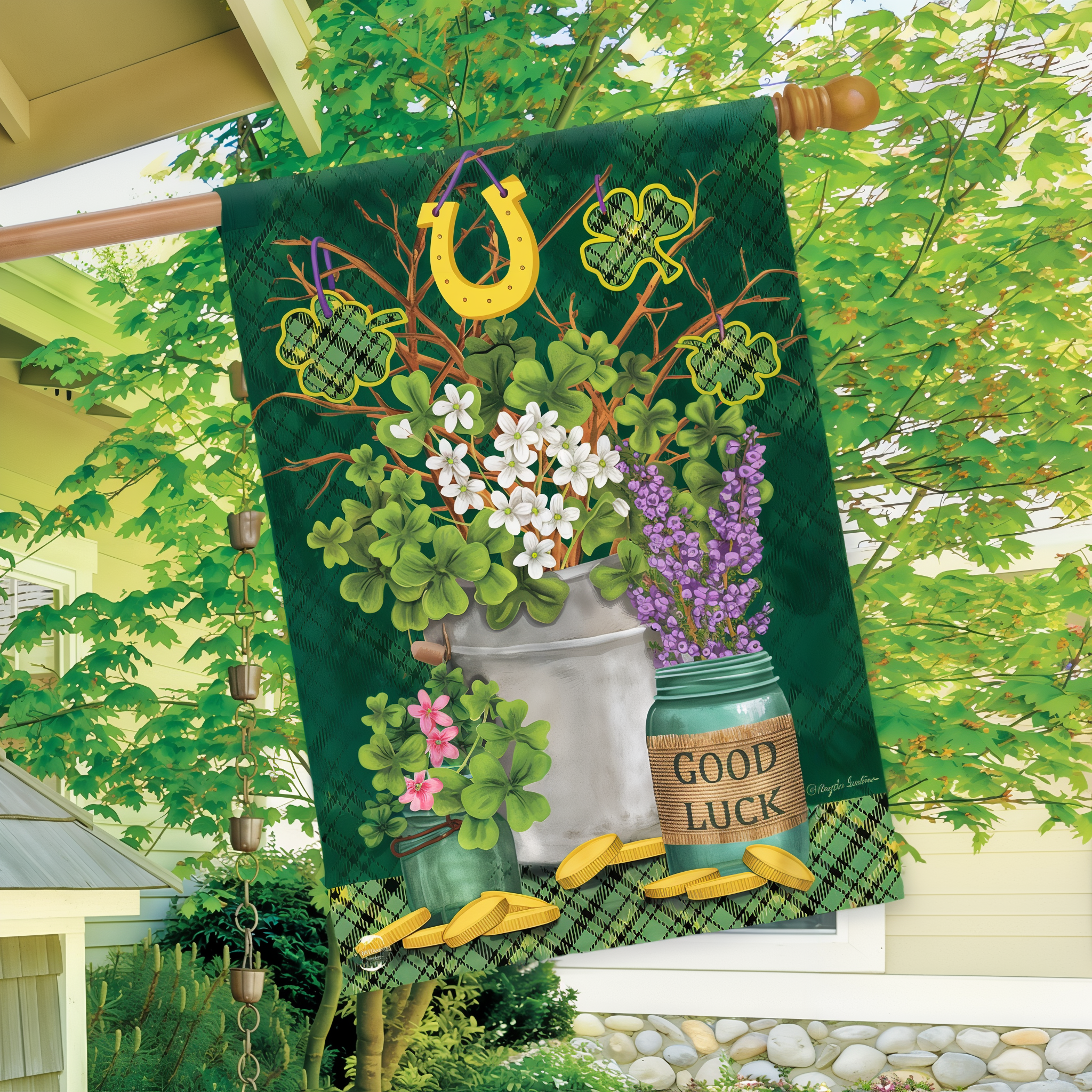 Briarwood Lane Lucky Potted Shamrocks St. Pat's House Flag -- detail view