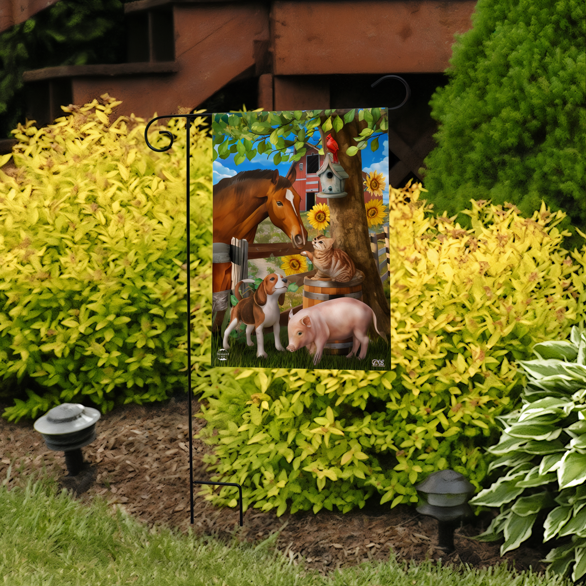 Briarwood Lane Making Friends Farm Animals Garden Flag -- garden flag displayed outdoors