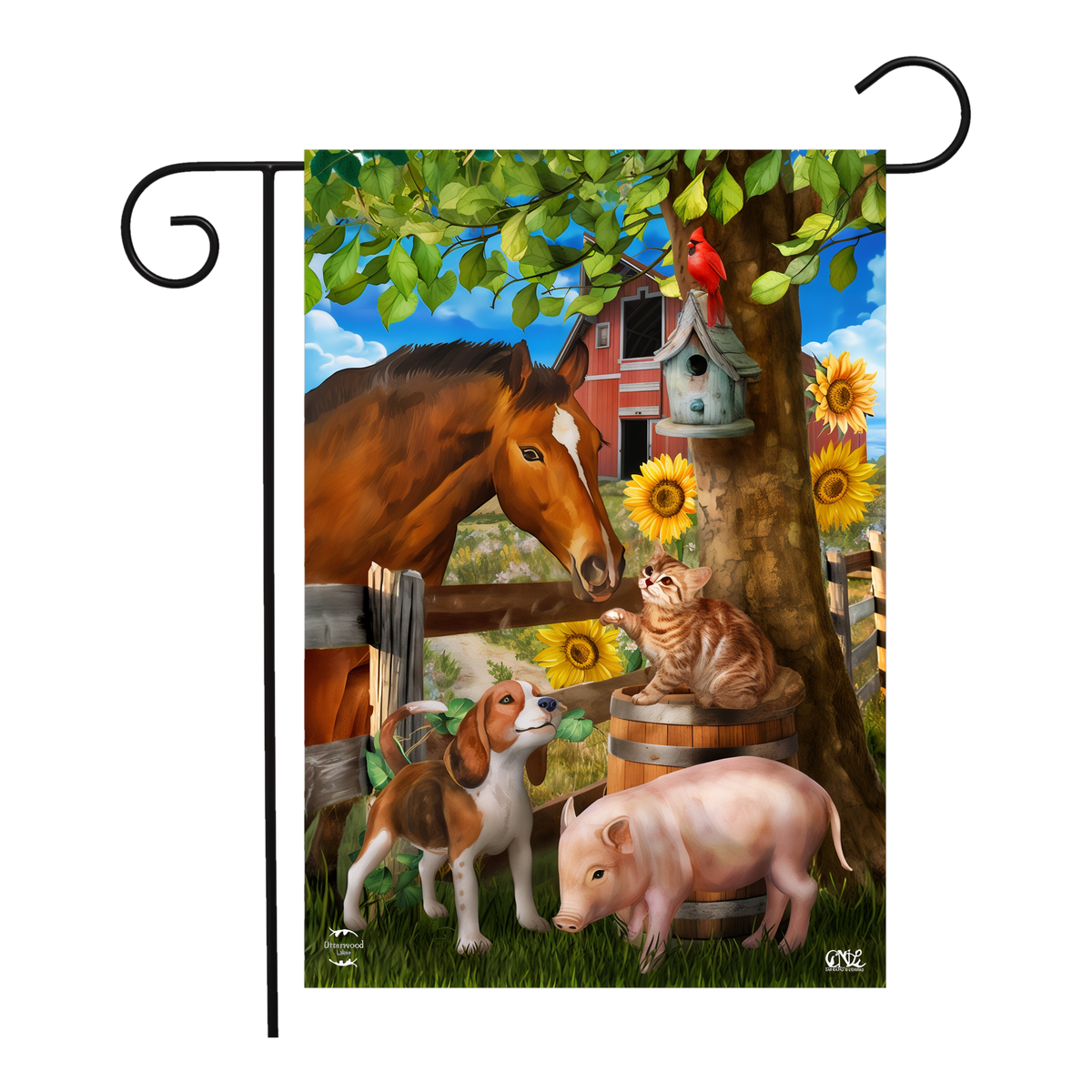 Briarwood Lane Making Friends Farm Animals Garden Flag -- garden flag shown on a garden flag stand