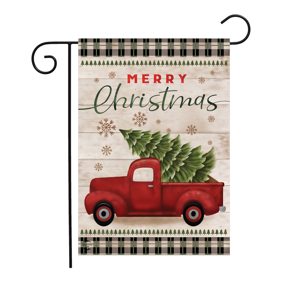 Briarwood Lane Merry Christmas Pickup Truck Holiday Garden Flag -- garden flag shown on a garden flag stand