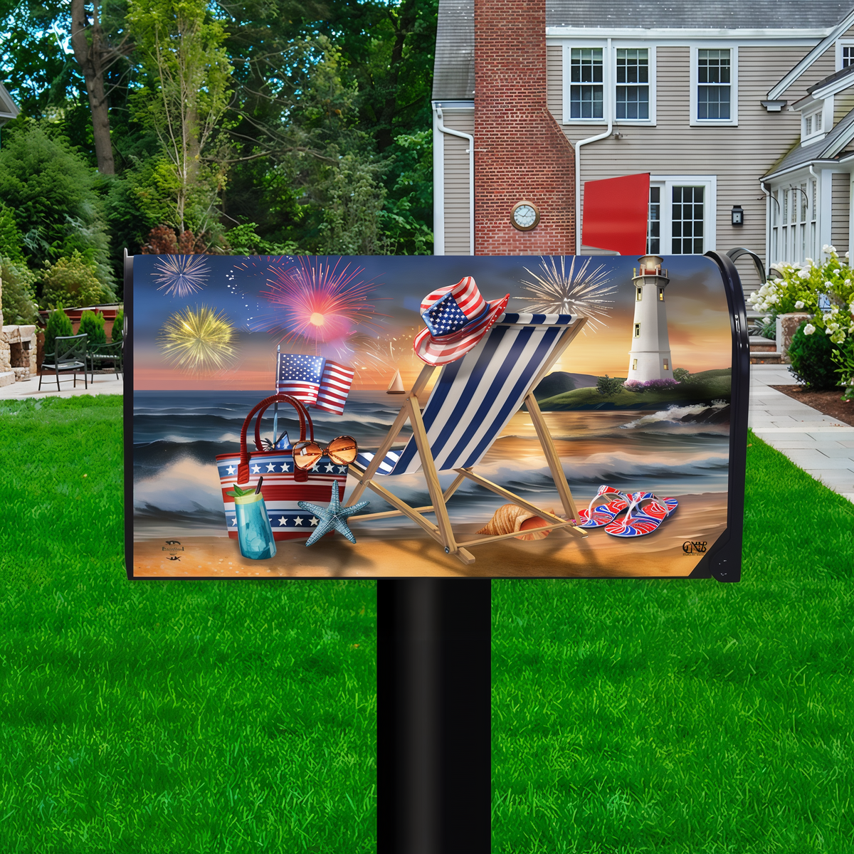 Briarwood Lane Oceanside Fireworks Mailbox Cover -- mailbox cover displayed outdoors