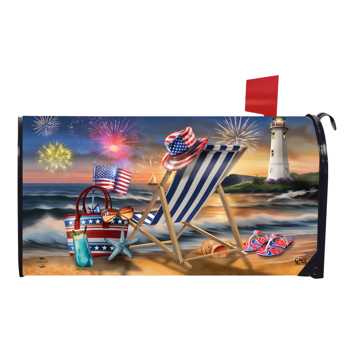 Briarwood Lane Oceanside Fireworks Mailbox Cover -- magnetic mailbox cover shown on a standard steel mailbox