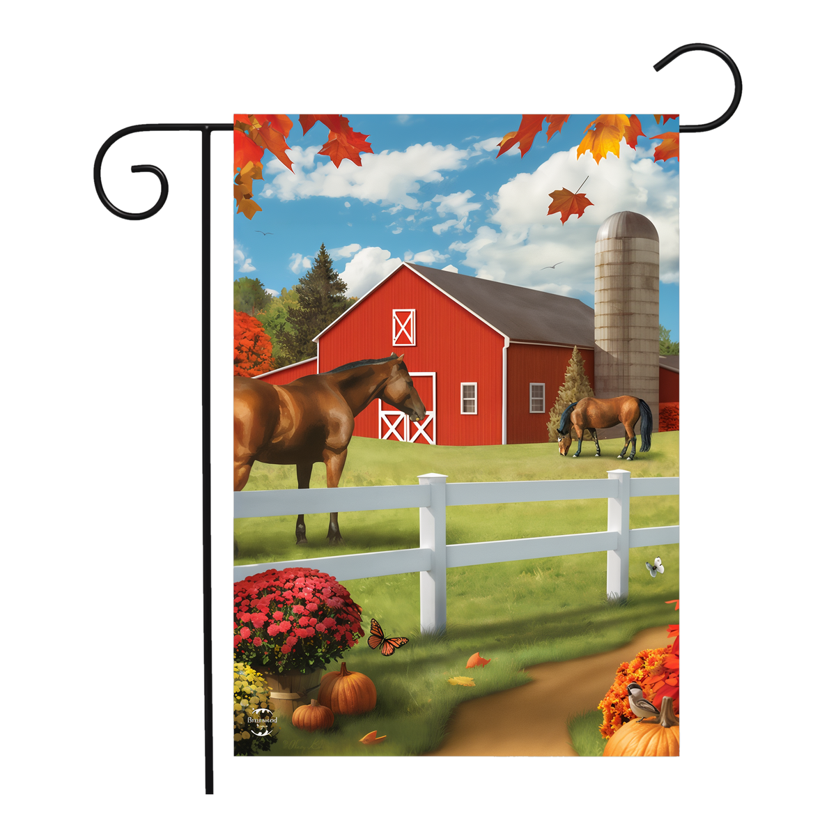 Briarwood Lane Pastures of Chance Fall Garden Flag -- garden flag shown on a garden flag stand