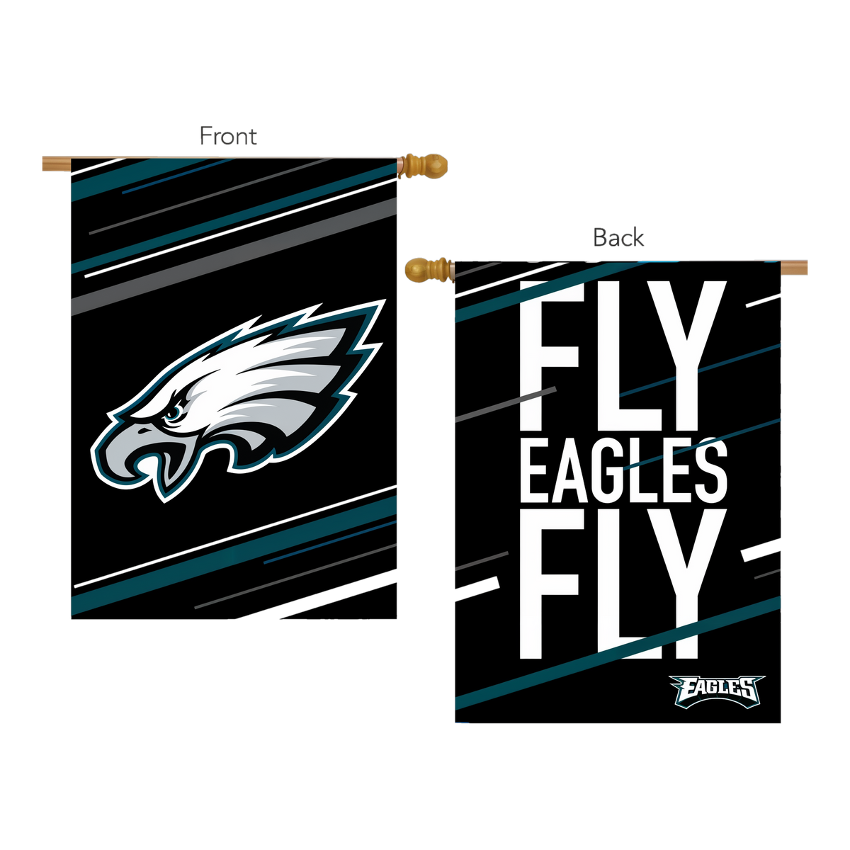 Briarwood Lane Philadelphia Eagles Slogan NFL Licensed House Flag -- house flag front and back shown on house flag poles