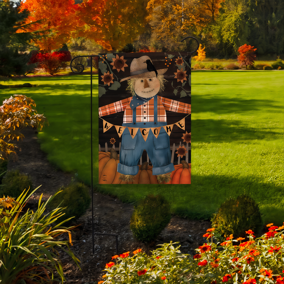 Briarwood Lane Primitive Scarecrow Flag Garden Flag -- garden flag displayed outdoors