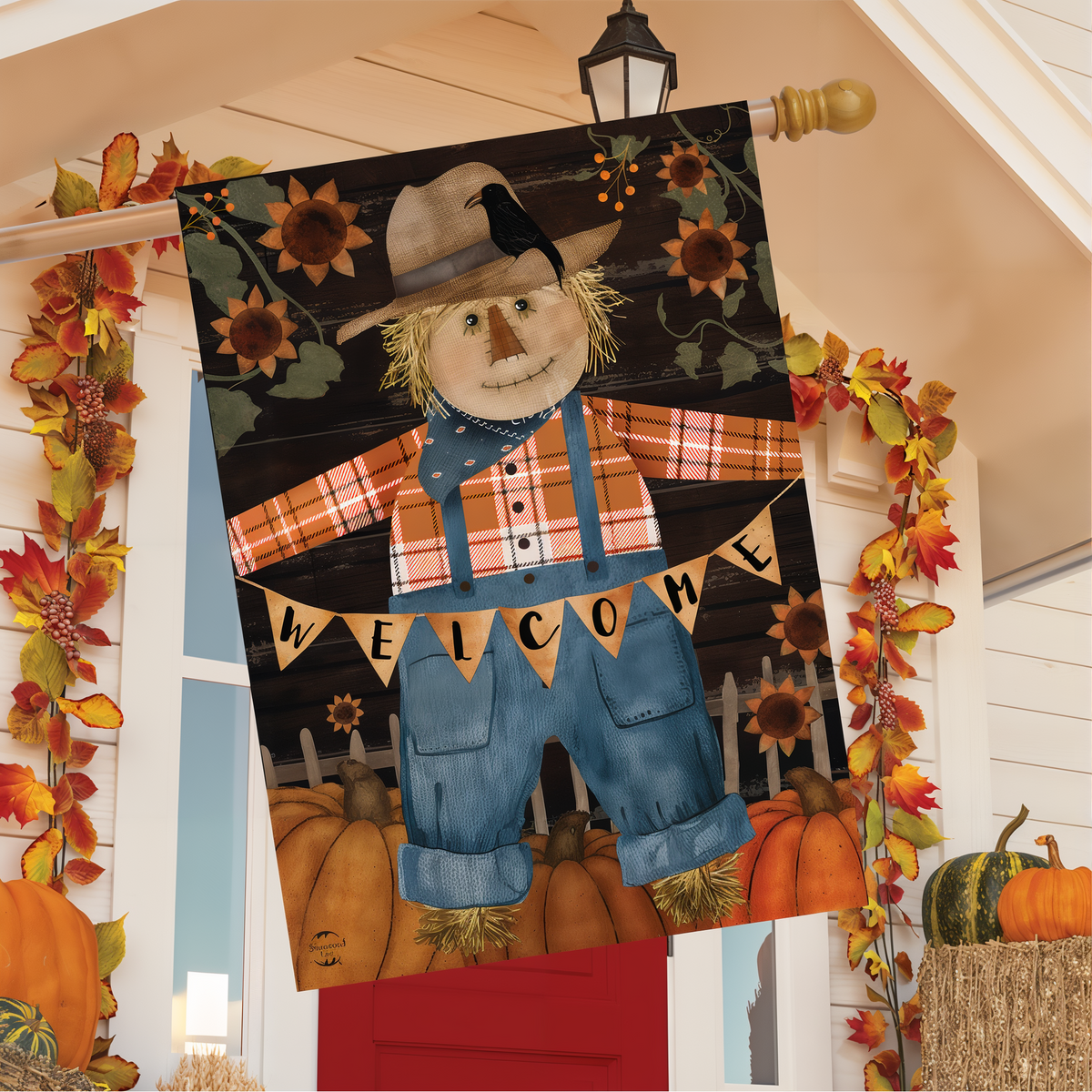 Briarwood Lane Primitive Scarecrow Flag House Flag -- house flag displayed outdoors