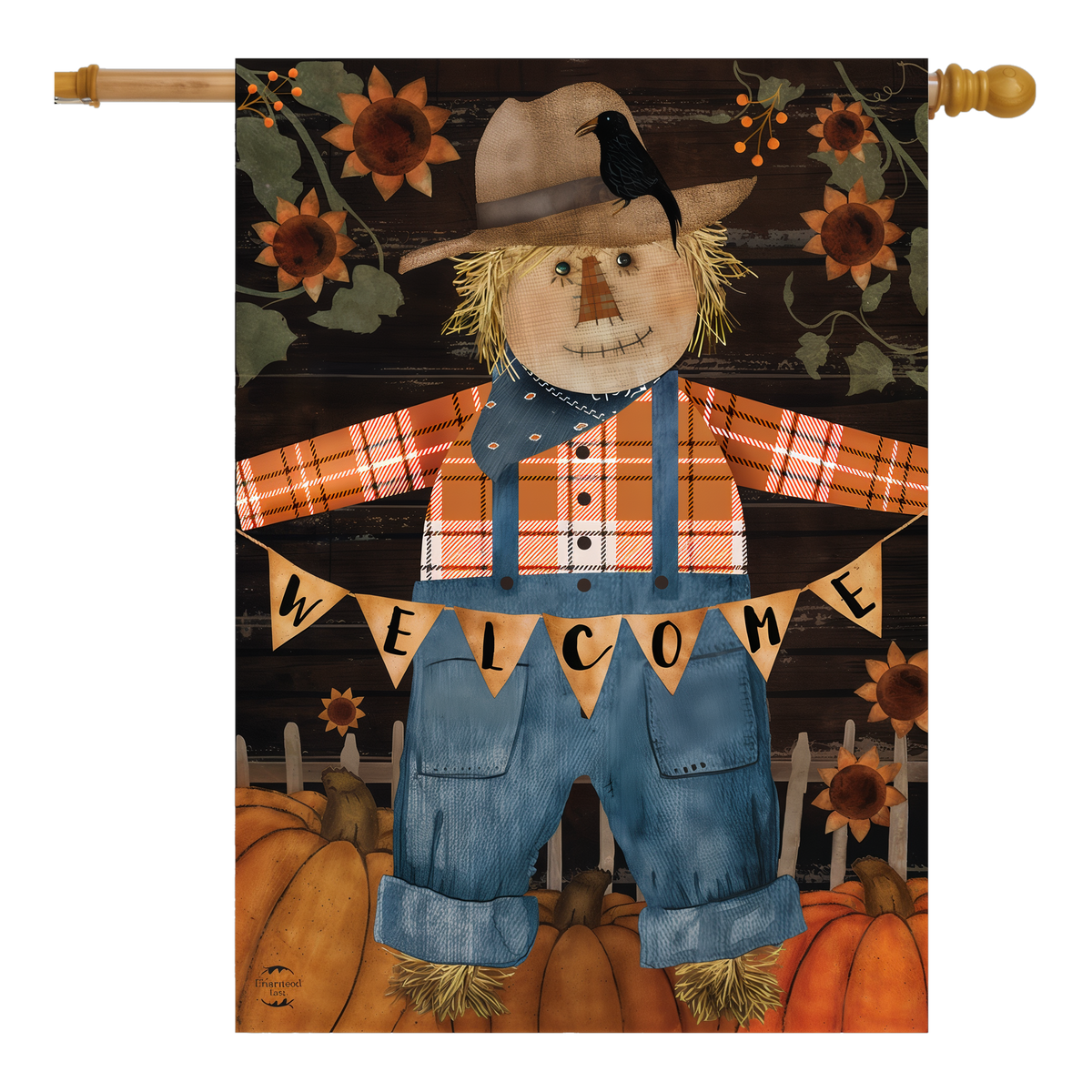 Briarwood Lane Primitive Scarecrow Flag House Flag -- house flag shown on a house flag pole