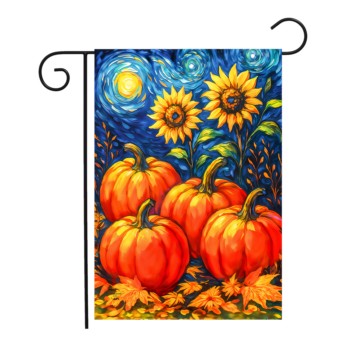 Briarwood Lane Starry Night Pumpkins Garden Flag -- garden flag shown on a garden flag stand