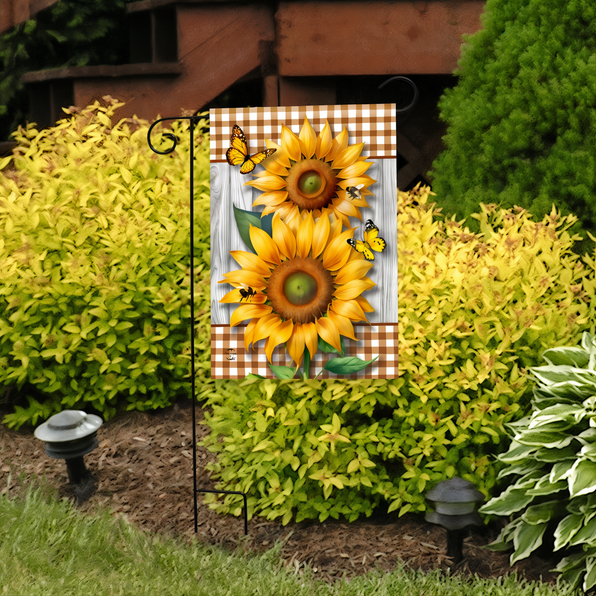 Briarwood Lane Sunflower Duo Garden Flag -- garden flag displayed outdoors