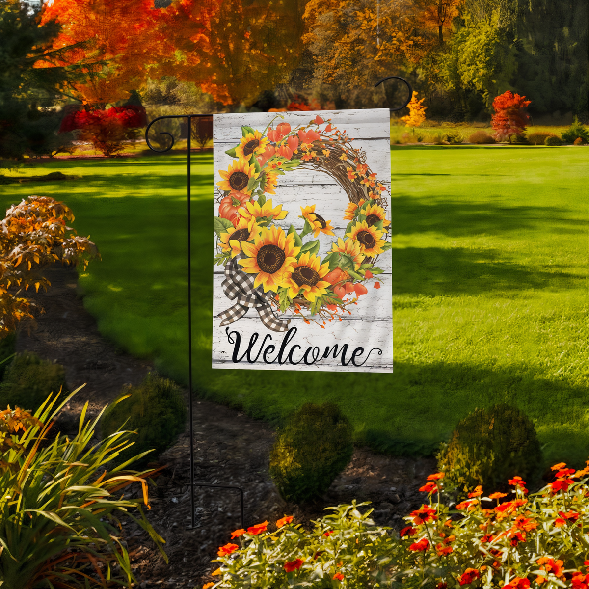 Briarwood Lane Sunflower Fall Wreath Welcome Garden Flag -- garden flag displayed outdoors