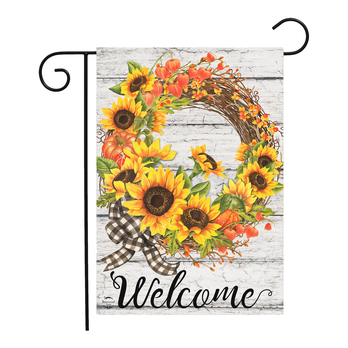Briarwood Lane Sunflower Fall Wreath Welcome Garden Flag -- garden flag shown on a garden flag stand