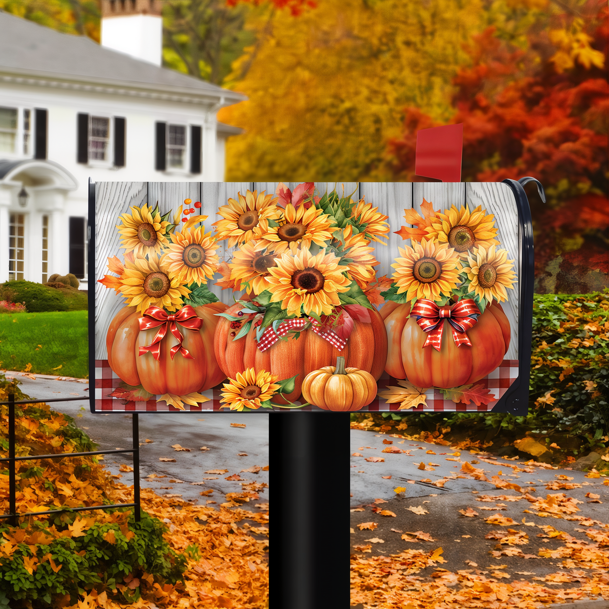 Briarwood Lane Sunflowers in Pumpkin Mailbox Cover -- mailbox cover displayed outdoors