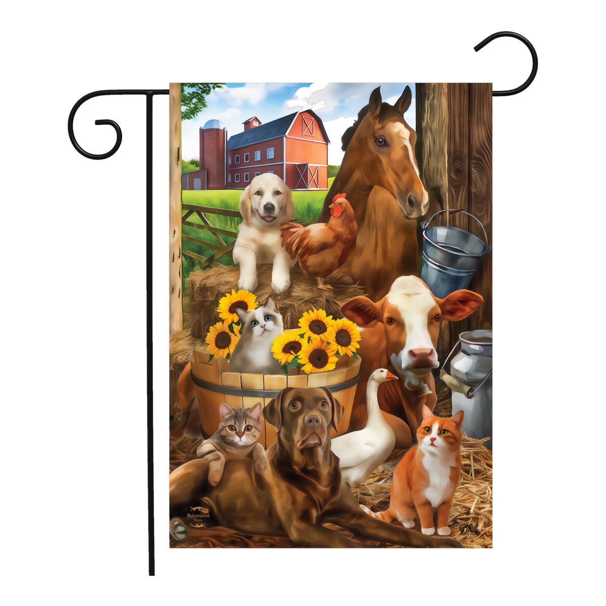 Briarwood Lane The Gang's All Here Summer Garden Flag -- garden flag shown on a garden flag stand