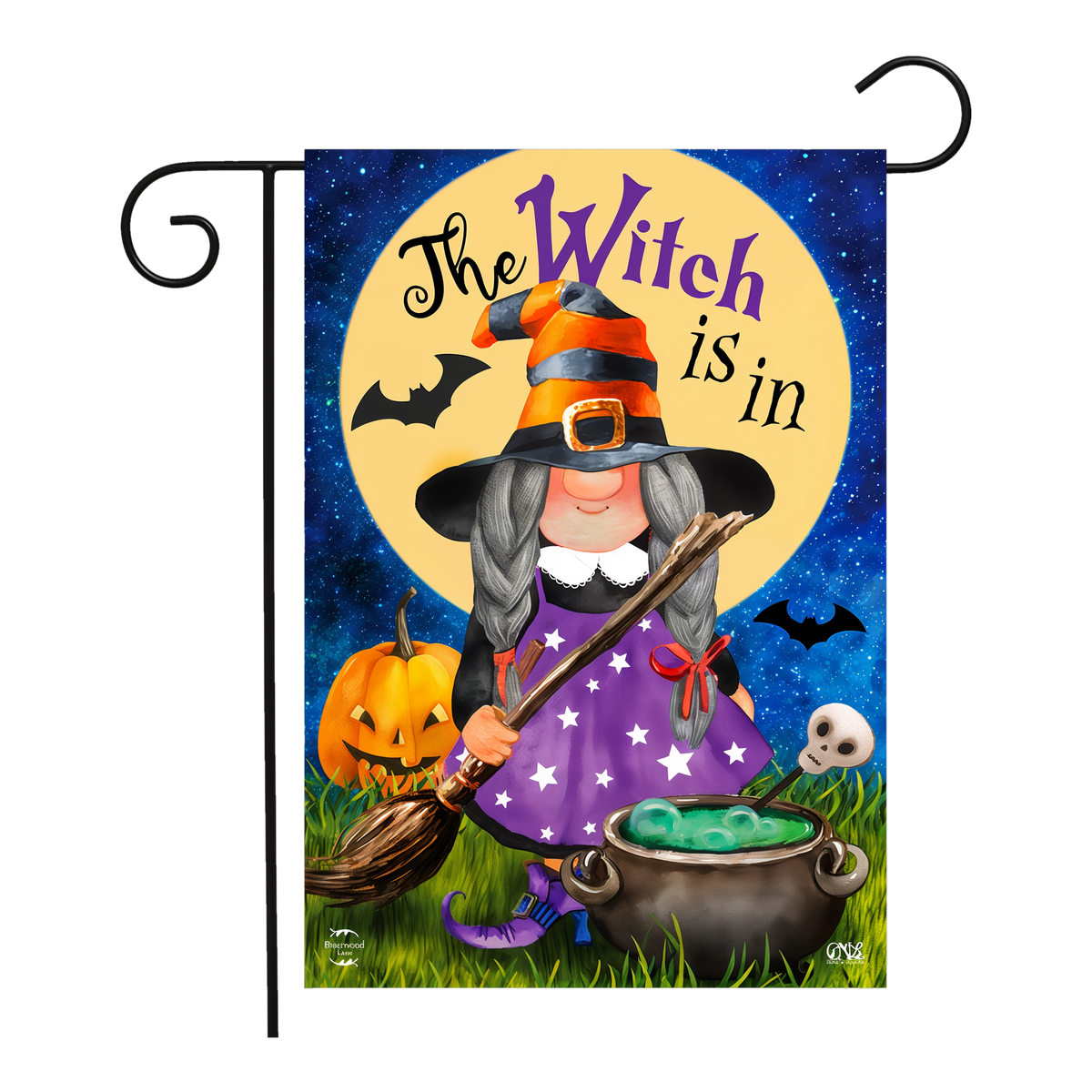 Briarwood Lane The Witch Is In Halloween Garden Flag -- garden flag shown on a garden flag stand