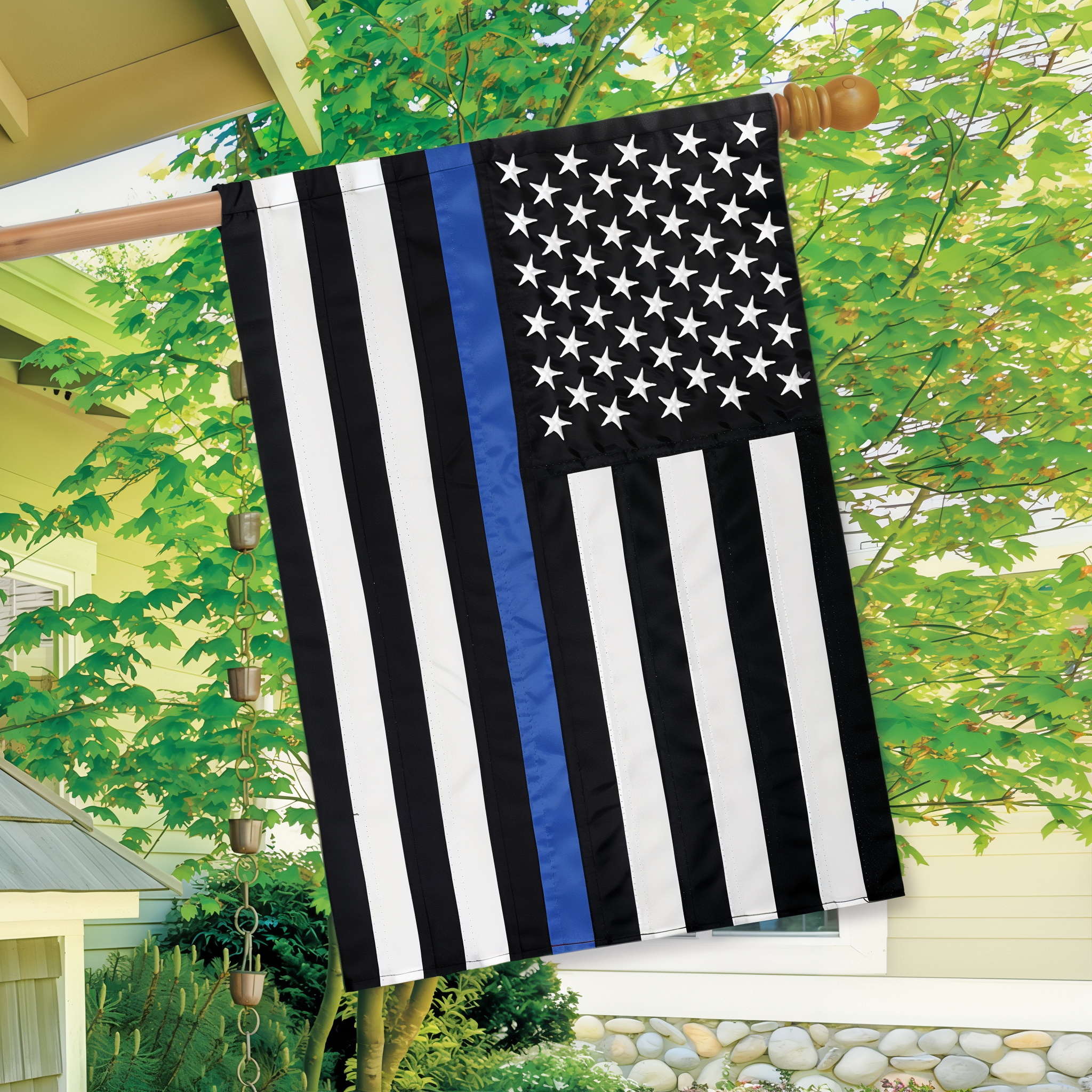 Briarwood Lane Thin Blue Line Police Embroidered House Flag -- detail view